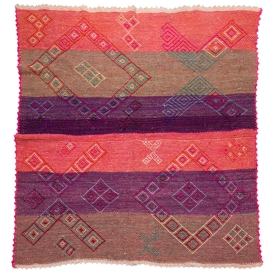 Vintage Peruvian Frazada textile with colorful geometric patterns and stripes. Traditional handwoven multipurpose textile from Peru, ideal for home décor, blankets, or throws, or rug.