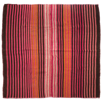 Vintage Peruvian Frazada textile with colorful geometric patterns and stripes. Traditional handwoven multipurpose textile from Peru, ideal for home décor, blankets, or throws, or rug.
