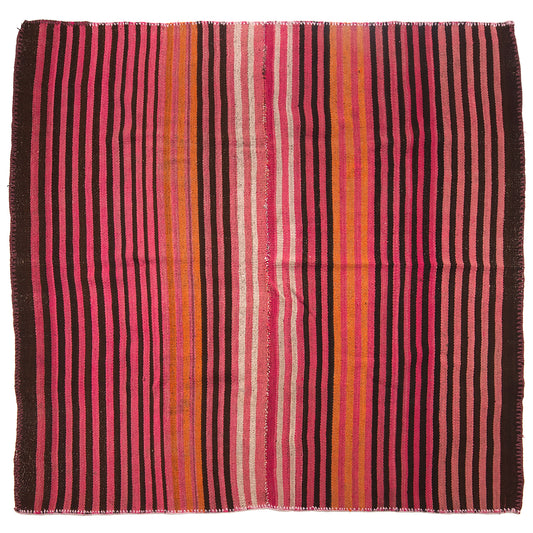 Vintage Peruvian Frazada textile with colorful geometric patterns and stripes. Traditional handwoven multipurpose textile from Peru, ideal for home décor, blankets, or throws, or rug.