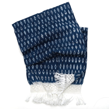 Traditional handwoven ikat textile from Northern Peru made of 100% cotton, featuring intricate macramé border – artisan-crafted and one-of-a-kind.
