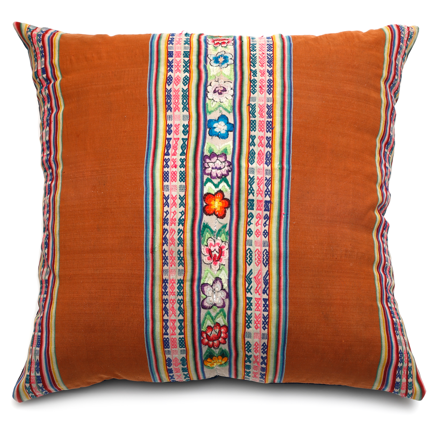 Intiearth_Peruvian_vintage_textile_floor_pillow_rusty brown embroidered stripe
