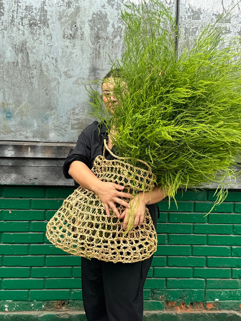 Person holding a large bundle of green plants in an Intiearth Playa Bag against a textured wall and green brick wall.