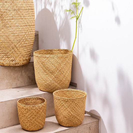 Set of woven baskets on a staircase with a white wall and plants in the background