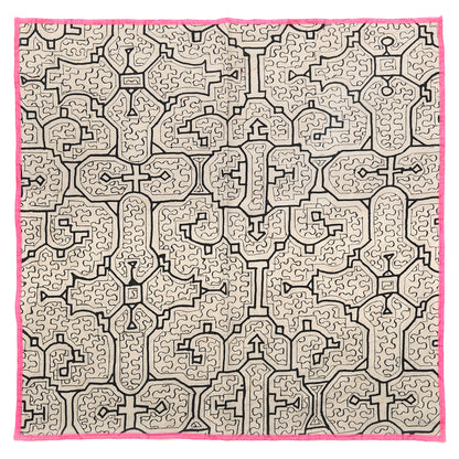 Handcrafted Shipibo bandana made from traditional fabric, featuring intricate geometric kené designs painted with natural pigments. Each piece is one-of-a-kind, reflecting the spiritual intention and energy of the artist. The vibrant patterns represent sacred Ikaros healing songs, offering protection, connection, and transformation, deeply rooted in Shipibo-Conibo culture and tradition