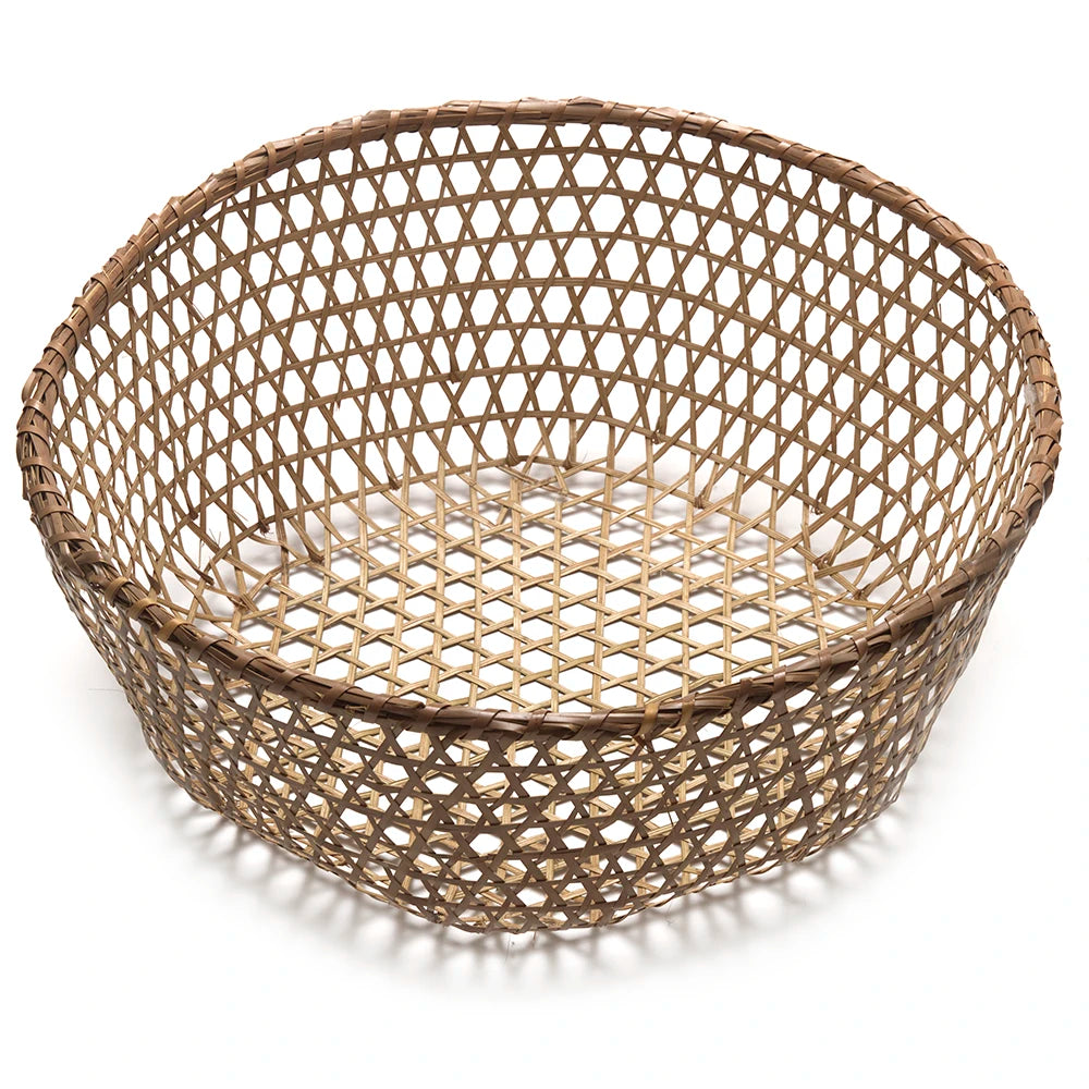 Woven basket with a hexagonal pattern on a white background