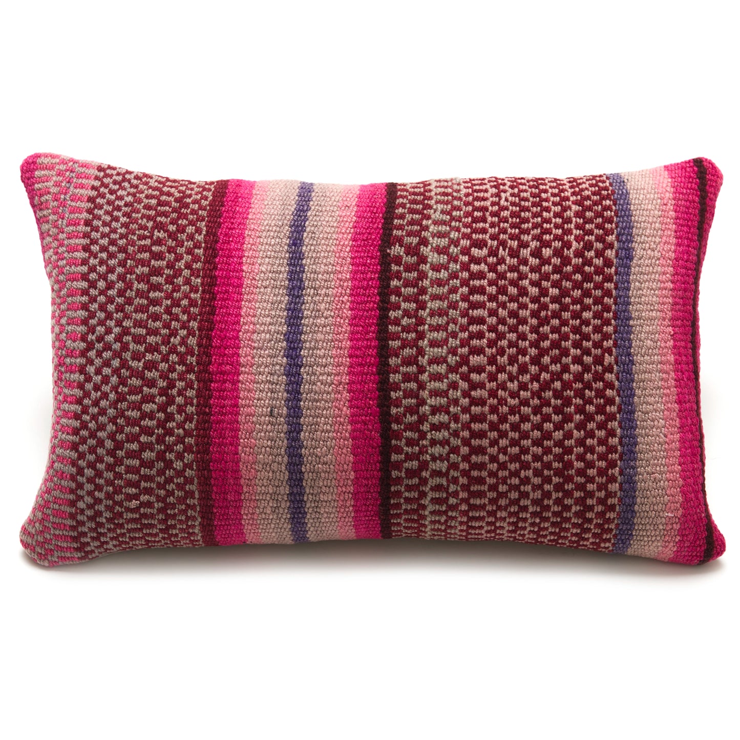 Intiearth Colorful decorative lumbar pillow made from handwoven Peruvian frazada, crafted with hand spun wool in a fair trade workshop
