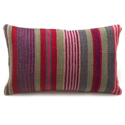 Intiearth Colorful decorative lumbar pillow made from handwoven Peruvian frazada, crafted with hand spun wool in a fair trade workshop