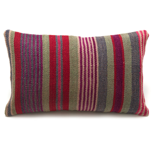 Intiearth Colorful decorative lumbar pillow made from handwoven Peruvian frazada, crafted with hand spun wool in a fair trade workshop