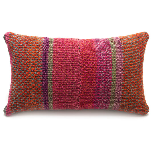Intiearth Colorful decorative lumbar pillow made from handwoven Peruvian frazada, crafted with hand spun wool in a fair trade workshop