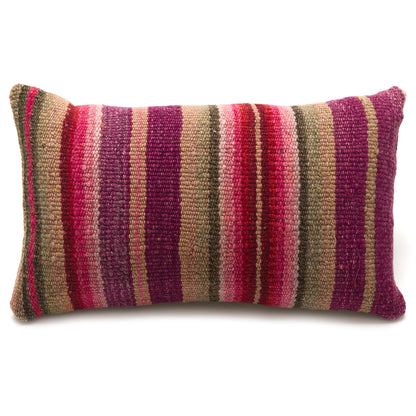 Intiearth Colorful decorative lumbar pillow made from handwoven Peruvian frazada, crafted with hand spun wool in a fair trade workshop