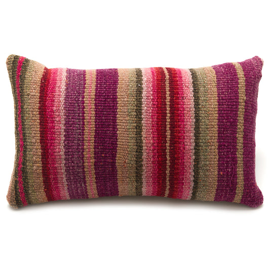 Intiearth Colorful decorative lumbar pillow made from handwoven Peruvian frazada, crafted with hand spun wool in a fair trade workshop