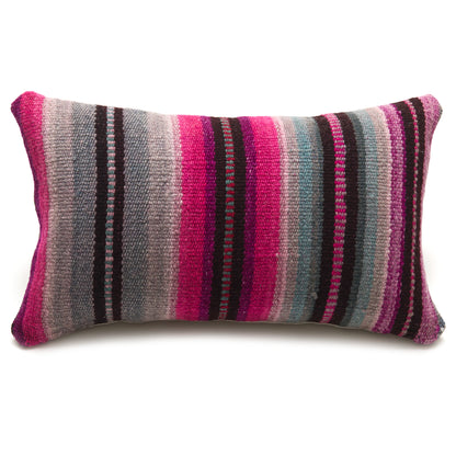 Intiearth Colorful decorative lumbar pillow made from handwoven Peruvian frazada, crafted with hand spun wool in a fair trade workshop