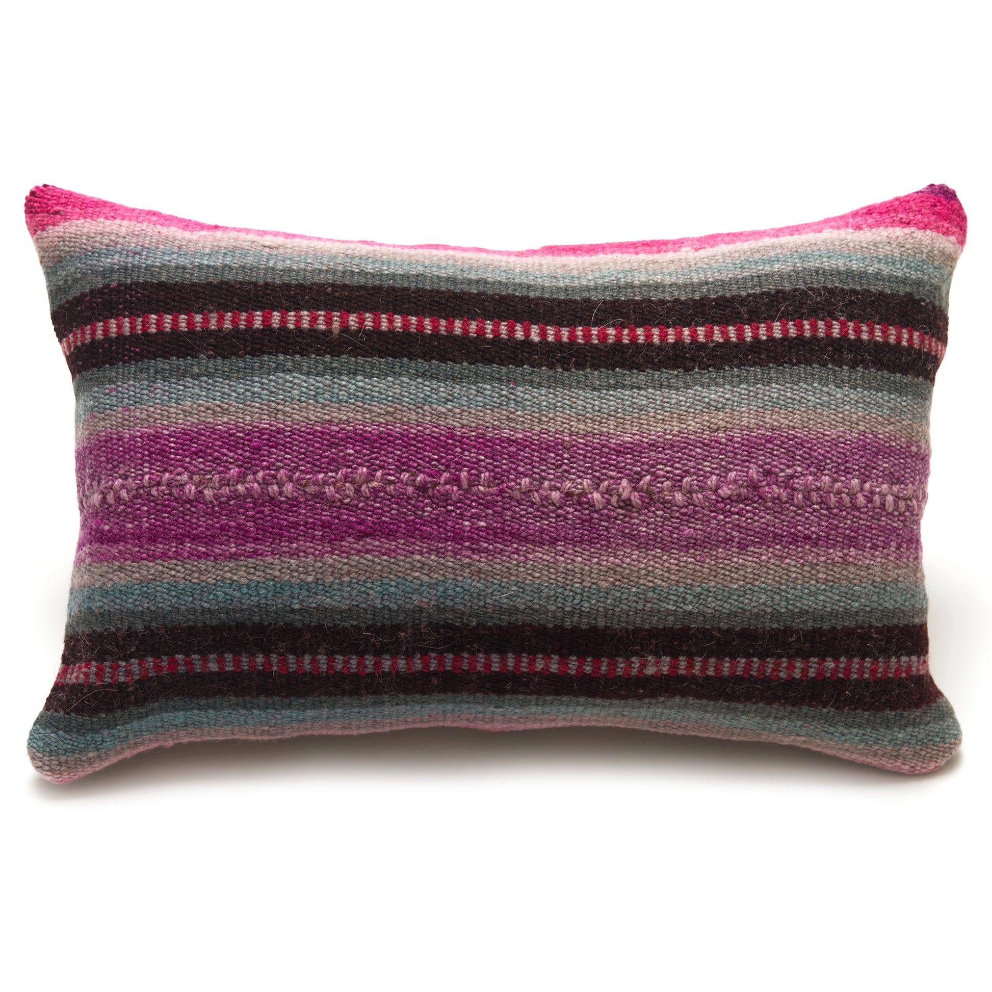 Intiearth Colorful decorative lumbar pillow made from handwoven Peruvian frazada, crafted with hand spun wool in a fair trade workshop