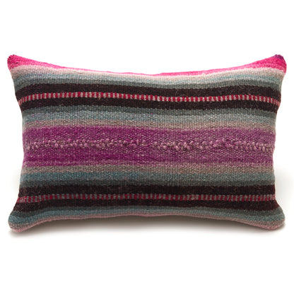 Intiearth Colorful decorative lumbar pillow made from handwoven Peruvian frazada, crafted with hand spun wool in a fair trade workshop