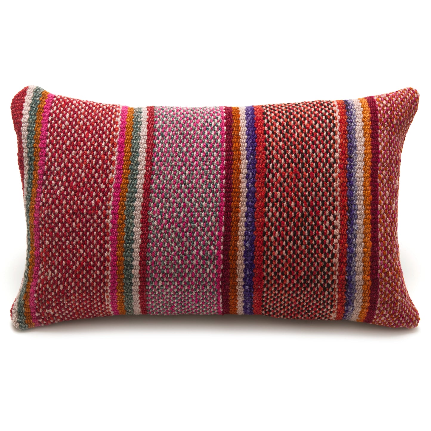 Intiearth Colorful decorative lumbar pillow made from handwoven Peruvian frazada, crafted with hand spun wool in a fair trade workshop