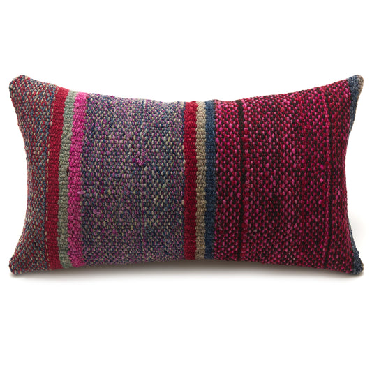 Intiearth Colorful decorative lumbar pillow made from handwoven Peruvian frazada, crafted with hand spun wool in a fair trade workshop