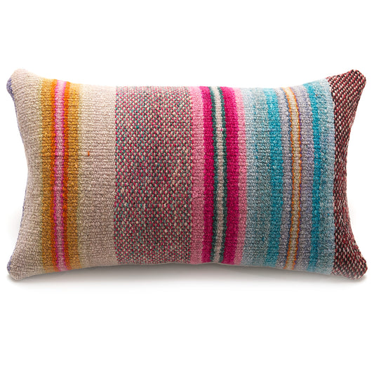 Intiearth Colorful decorative pillow made from handwoven Peruvian frazada, crafted with hand spun wool in a fair trade workshop