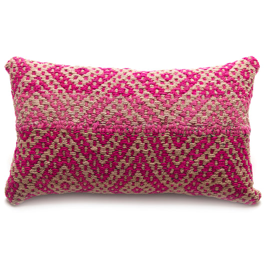 Intiearth Colorful decorative lumbar pillow made from handwoven Peruvian frazada, crafted with hand spun wool in a fair trade workshop