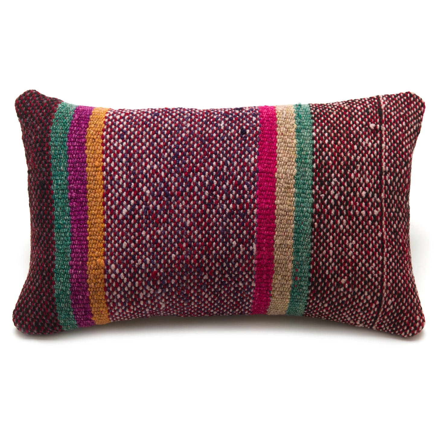 Intiearth Colorful decorative lumbar pillow made from handwoven Peruvian frazada, crafted with hand spun wool in a fair trade workshop