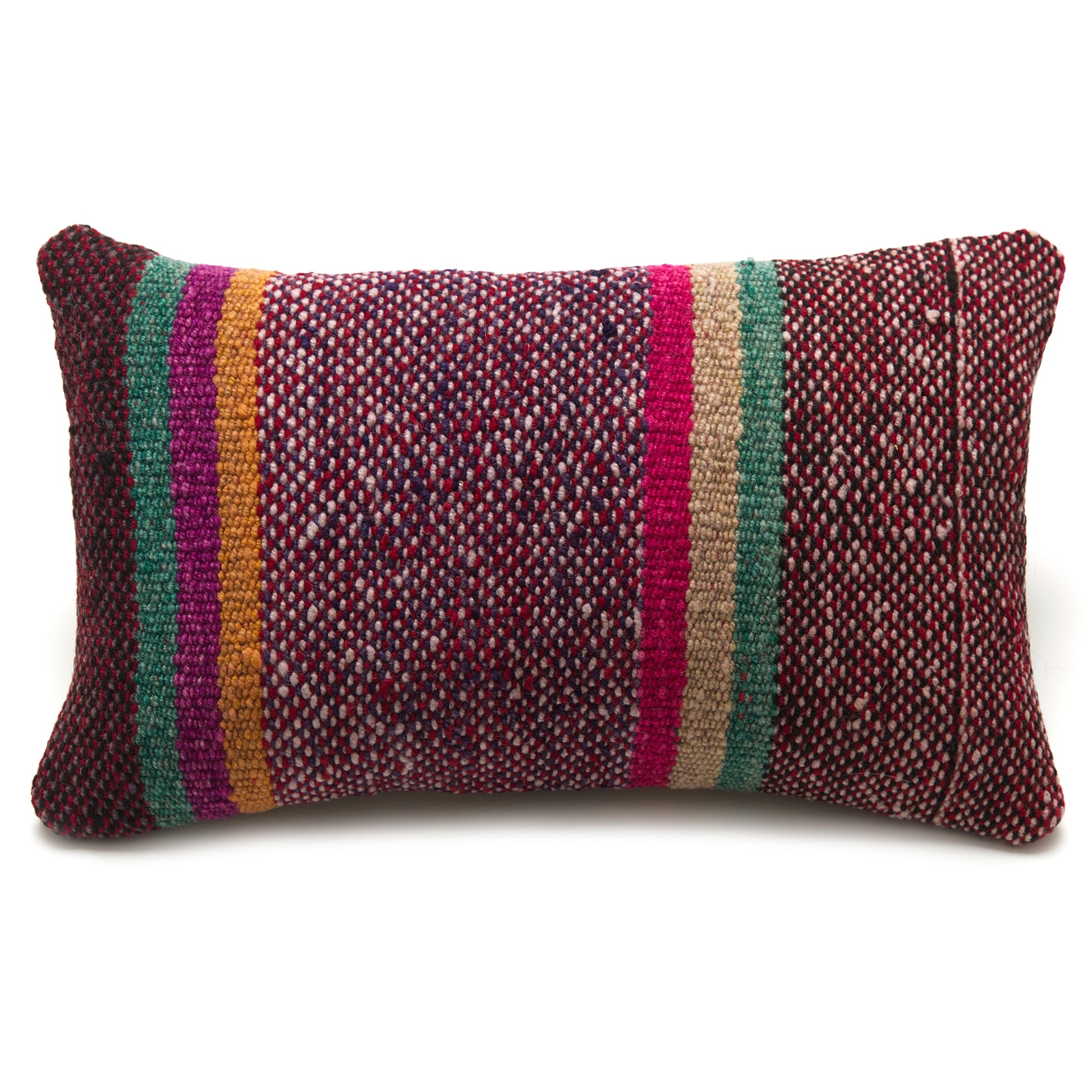 Intiearth Colorful decorative lumbar pillow made from handwoven Peruvian frazada, crafted with hand spun wool in a fair trade workshop