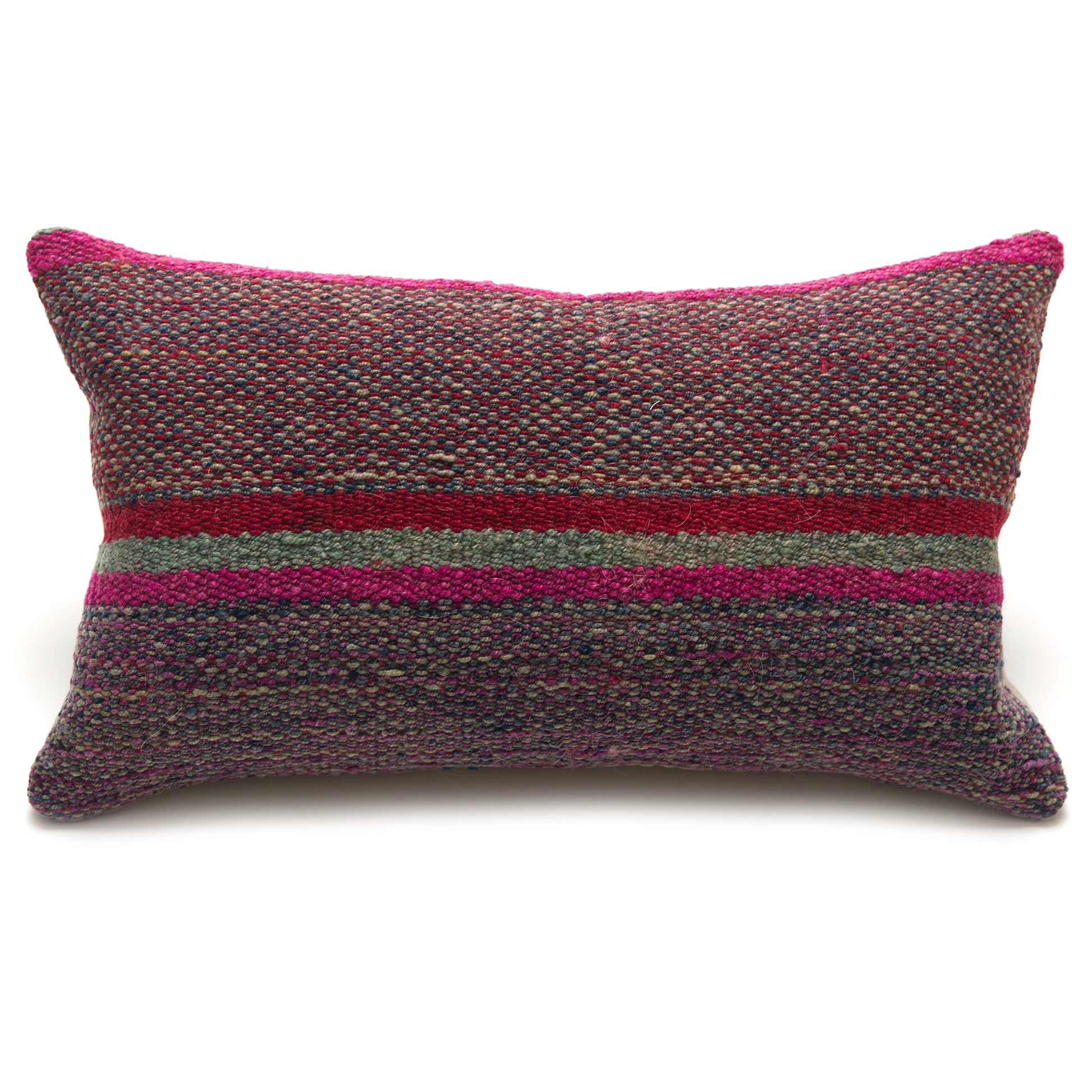 Intiearth Colorful decorative lumbar pillow made from handwoven Peruvian frazada, crafted with hand spun wool in a fair trade workshop