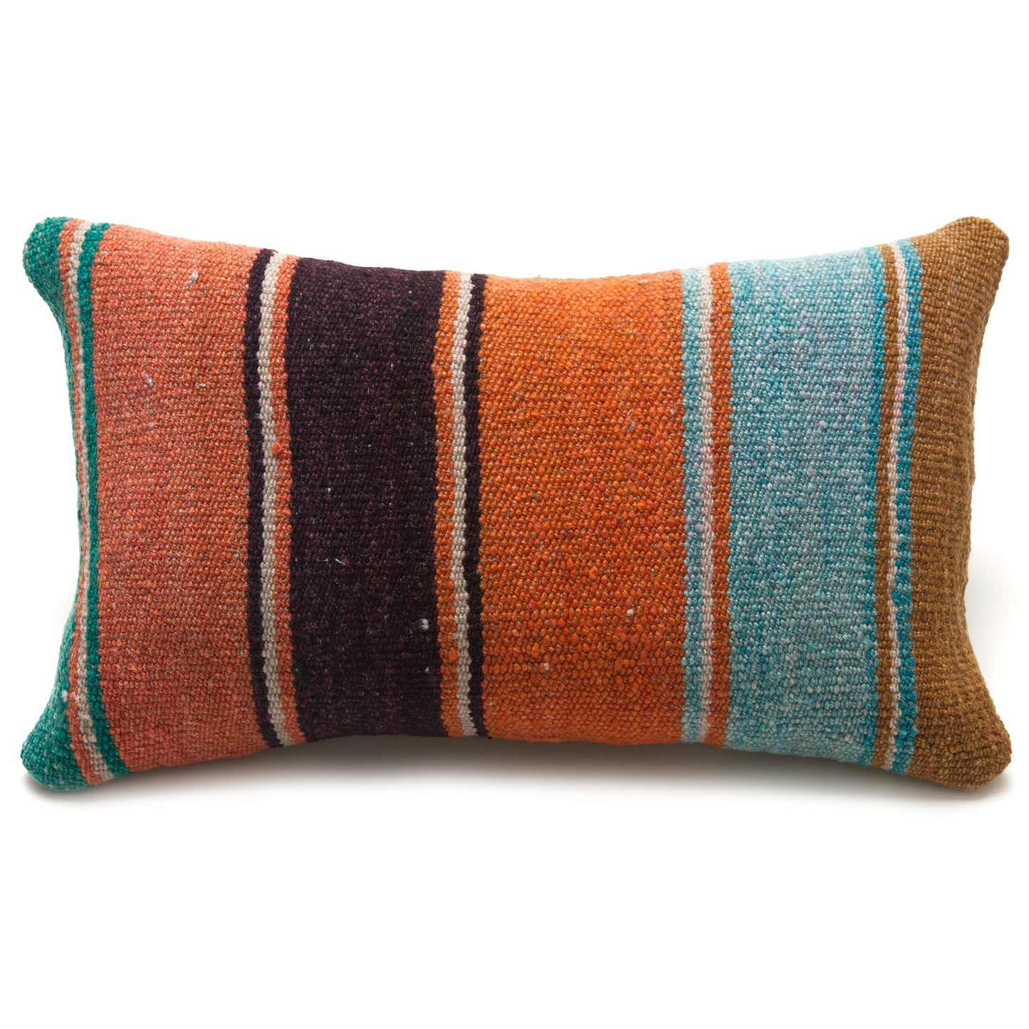 Intiearth Colorful decorative lumbar pillow made from handwoven Peruvian frazada, crafted with hand spun wool in a fair trade workshop