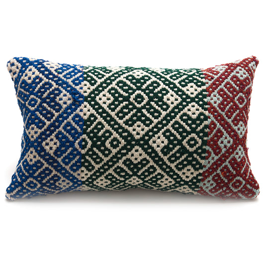 Intiearth Colorful decorative lumbar pillow made from handwoven Peruvian frazada, crafted with hand spun wool in a fair trade workshop