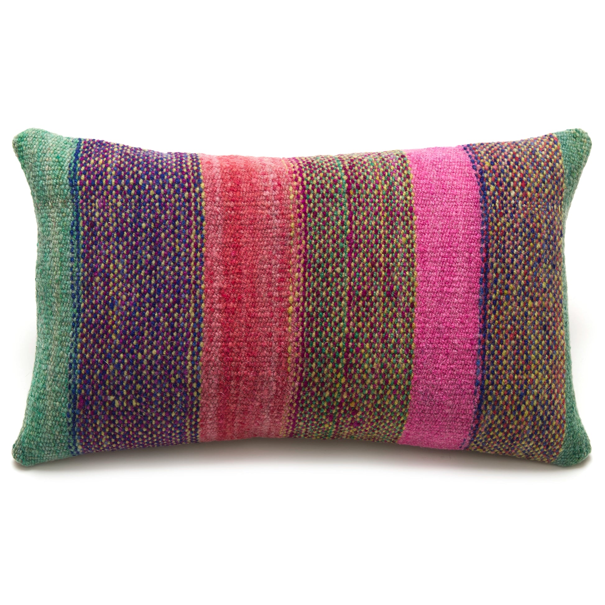 Intiearth Colorful decorative lumbar pillow made from handwoven Peruvian frazada, crafted with hand spun wool in a fair trade workshop