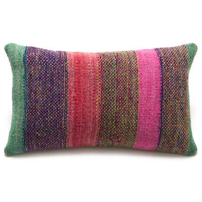 Intiearth Colorful decorative lumbar pillow made from handwoven Peruvian frazada, crafted with hand spun wool in a fair trade workshop