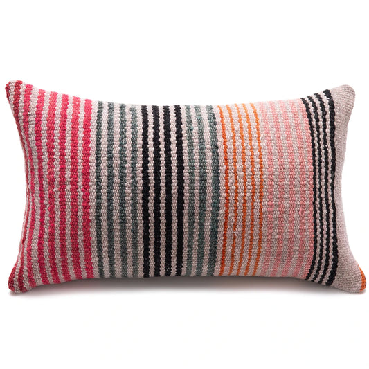Striped pillow with red, gray, black, and orange pattern on a white background