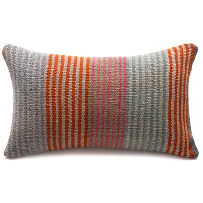 A rectangular woven lumbar pillow with vertical stripes in orange, pink, and green on a gray and white textured background, shown on a plain white background.