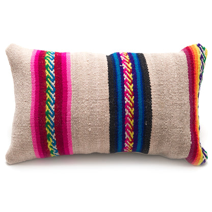Intiearth Colorful decorative lumbar pillow made from handwoven Peruvian frazada, crafted with hand spun wool in a fair trade workshop