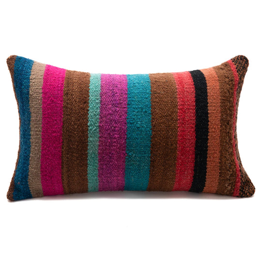 A rectangular woven throw pillow with vertical stripes in brown, teal, magenta, black, and orange, shown on a plain white background.