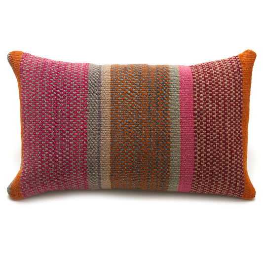 Intiearth Colorful decorative lumbar pillow made from handwoven Peruvian frazada, crafted with hand spun wool in a fair trade workshop