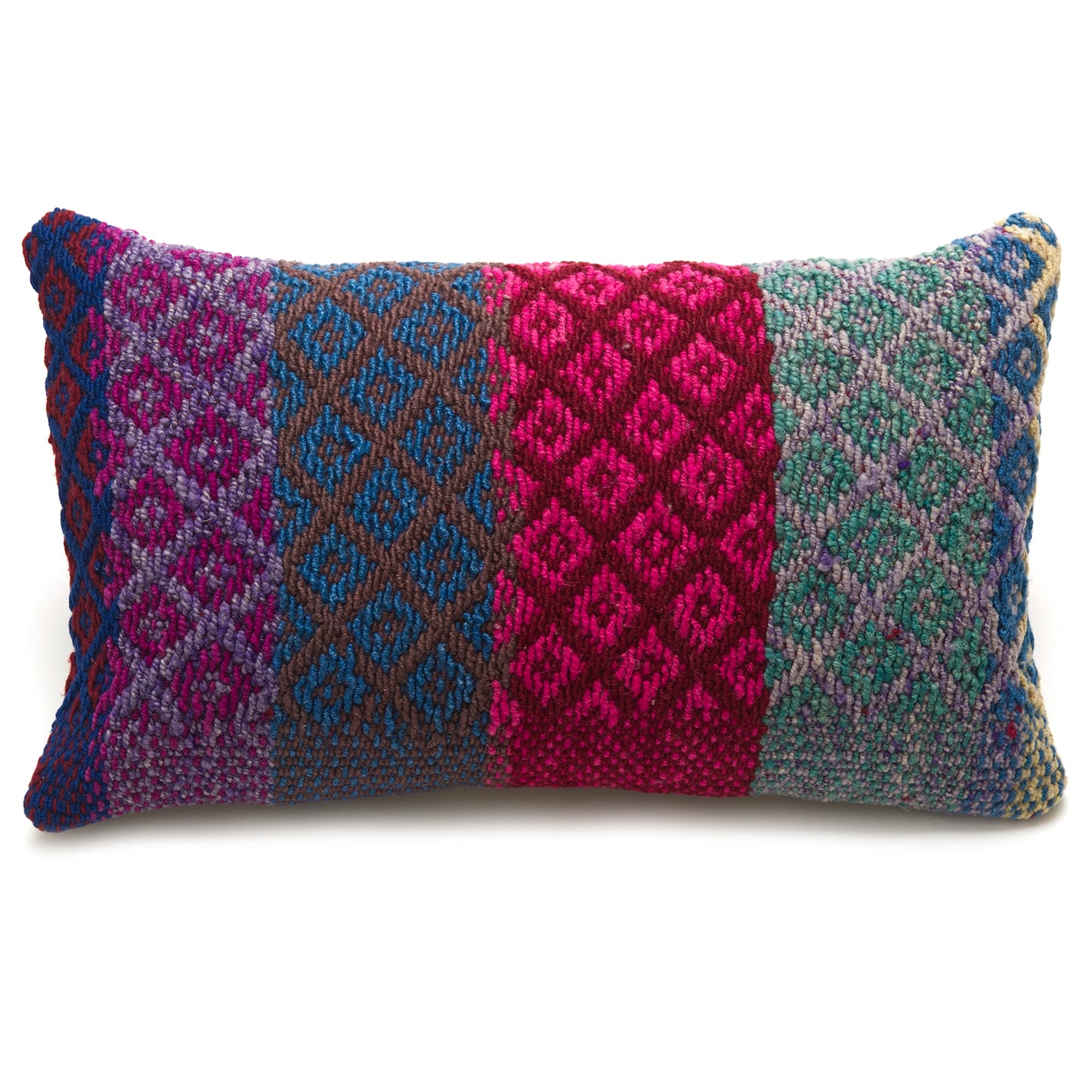 Intiearth Colorful decorative lumbar pillow made from handwoven Peruvian frazada, crafted with hand spun wool in a fair trade workshop