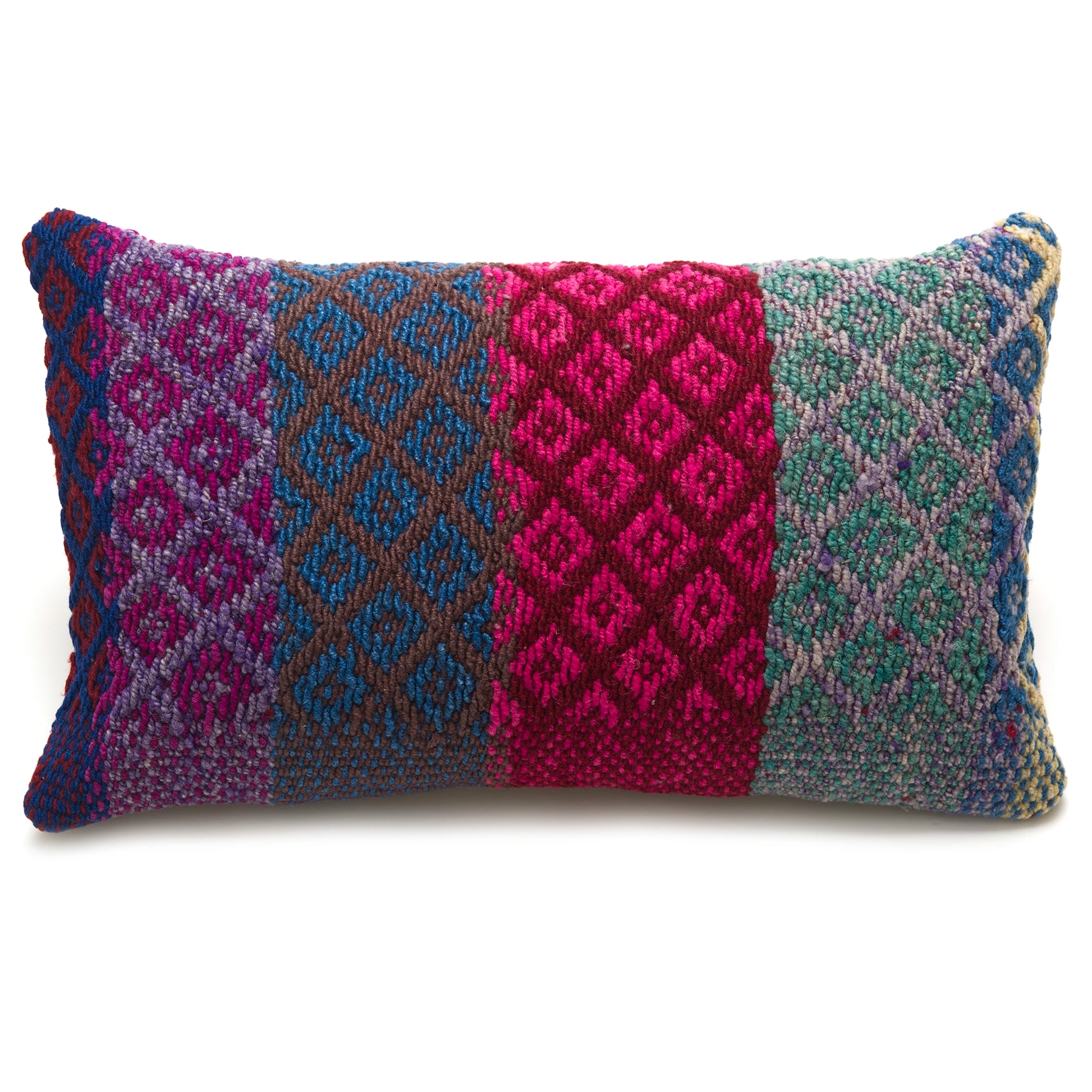 Intiearth Colorful decorative lumbar pillow made from handwoven Peruvian frazada, crafted with hand spun wool in a fair trade workshop