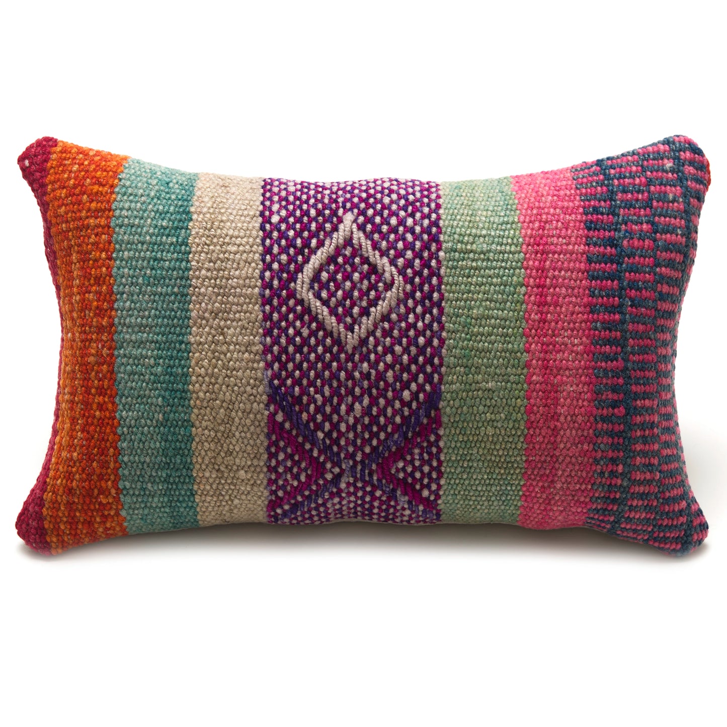Intiearth Colorful decorative lumbar pillow made from handwoven Peruvian frazada, crafted with hand spun wool in a fair trade workshop