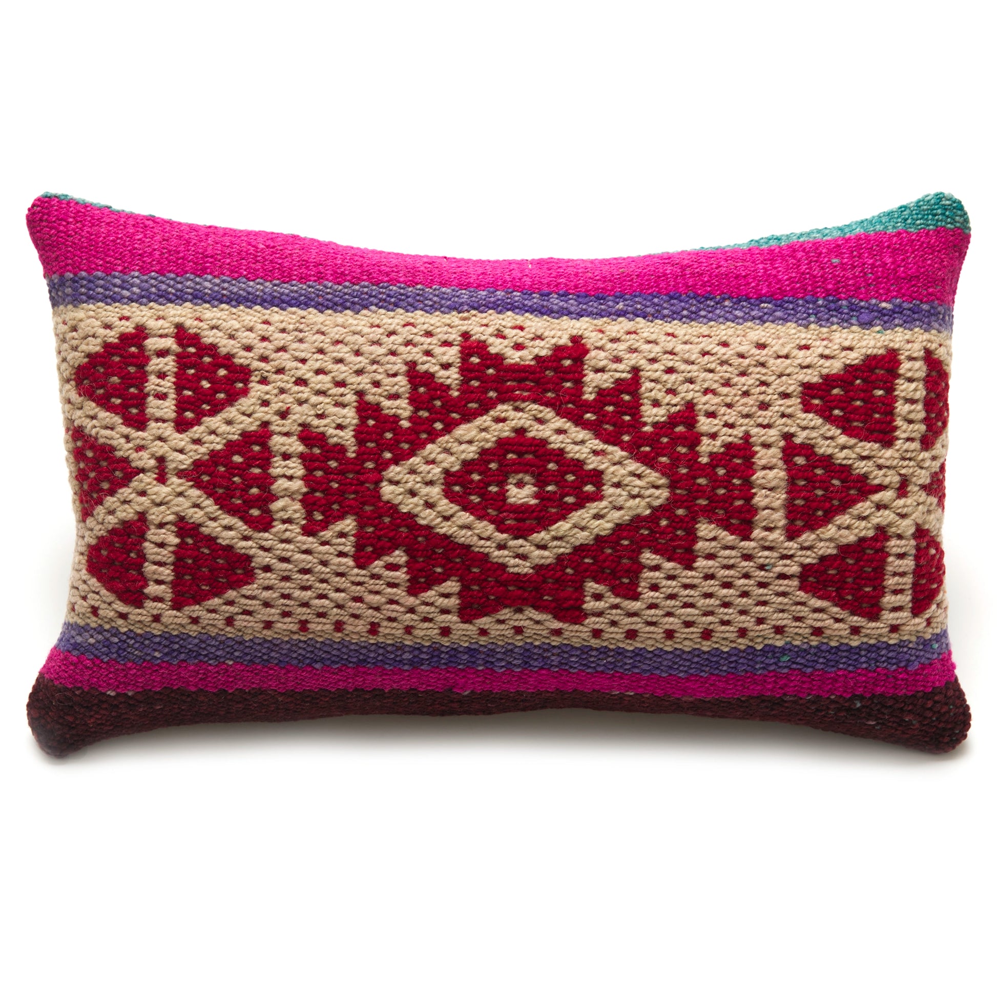 Intiearth Colorful decorative lumbar pillow made from handwoven Peruvian frazada, crafted with hand spun wool in a fair trade workshop