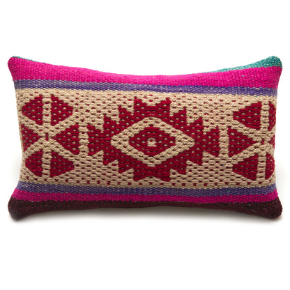 Intiearth Colorful decorative lumbar pillow made from handwoven Peruvian frazada, crafted with hand spun wool in a fair trade workshop