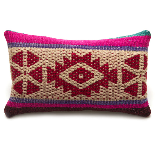 Intiearth Colorful decorative lumbar pillow made from handwoven Peruvian frazada, crafted with hand spun wool in a fair trade workshop