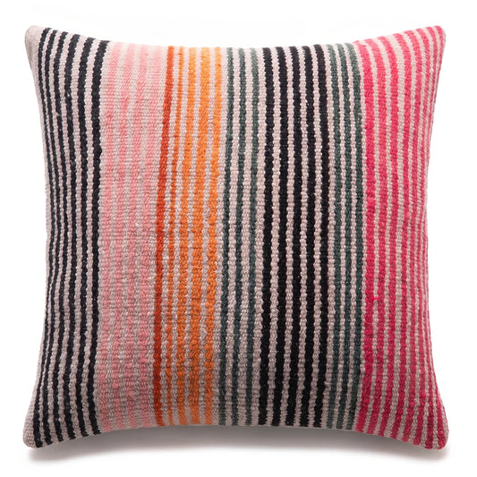 Striped pillow with pink, orange, and black colors on a white background