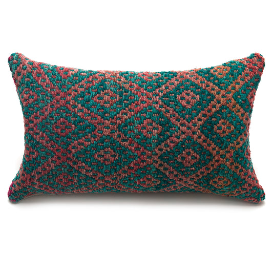 Intiearth Colorful decorative lumbar pillow made from handwoven Peruvian frazada, crafted with hand spun wool in a fair trade workshop