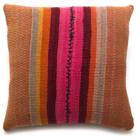 Intiearth Colorful decorative lumbar pillow made from handwoven Peruvian frazada, crafted with hand spun wool in a fair trade workshop