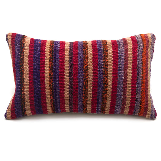 Intiearth Colorful decorative lumbar pillow made from handwoven Peruvian frazada, crafted with hand spun wool in a fair trade workshop