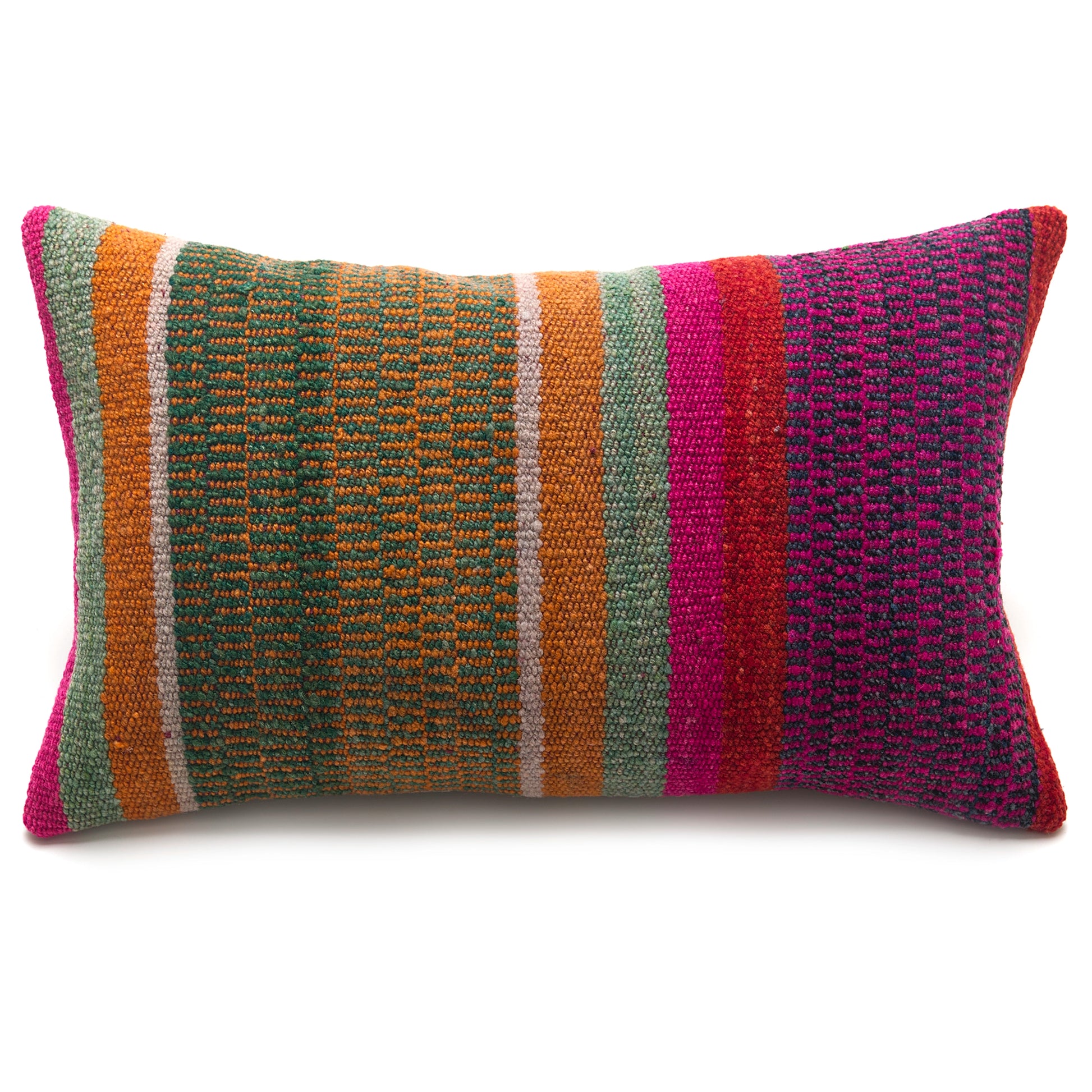 Intiearth Colorful decorative lumbar pillow made from handwoven Peruvian frazada, crafted with hand spun wool in a fair trade workshop