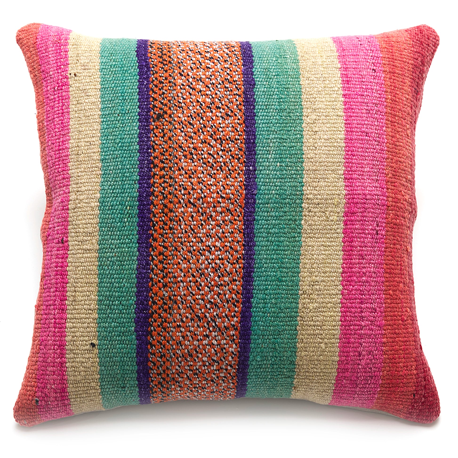 Intiearth Colorful decorative lumbar pillow made from handwoven Peruvian frazada, crafted with hand spun wool in a fair trade workshop