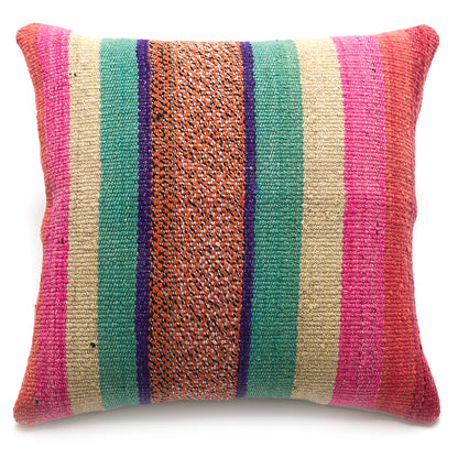 Intiearth Colorful decorative lumbar pillow made from handwoven Peruvian frazada, crafted with hand spun wool in a fair trade workshop