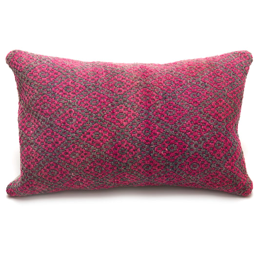 Intiearth Colorful decorative lumbar pillow made from handwoven Peruvian frazada, crafted with hand spun wool in a fair trade workshop