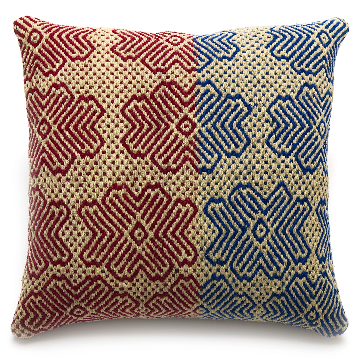 Intiearth Colorful decorative lumbar pillow made from handwoven Peruvian frazada, crafted with hand spun wool in a fair trade workshop