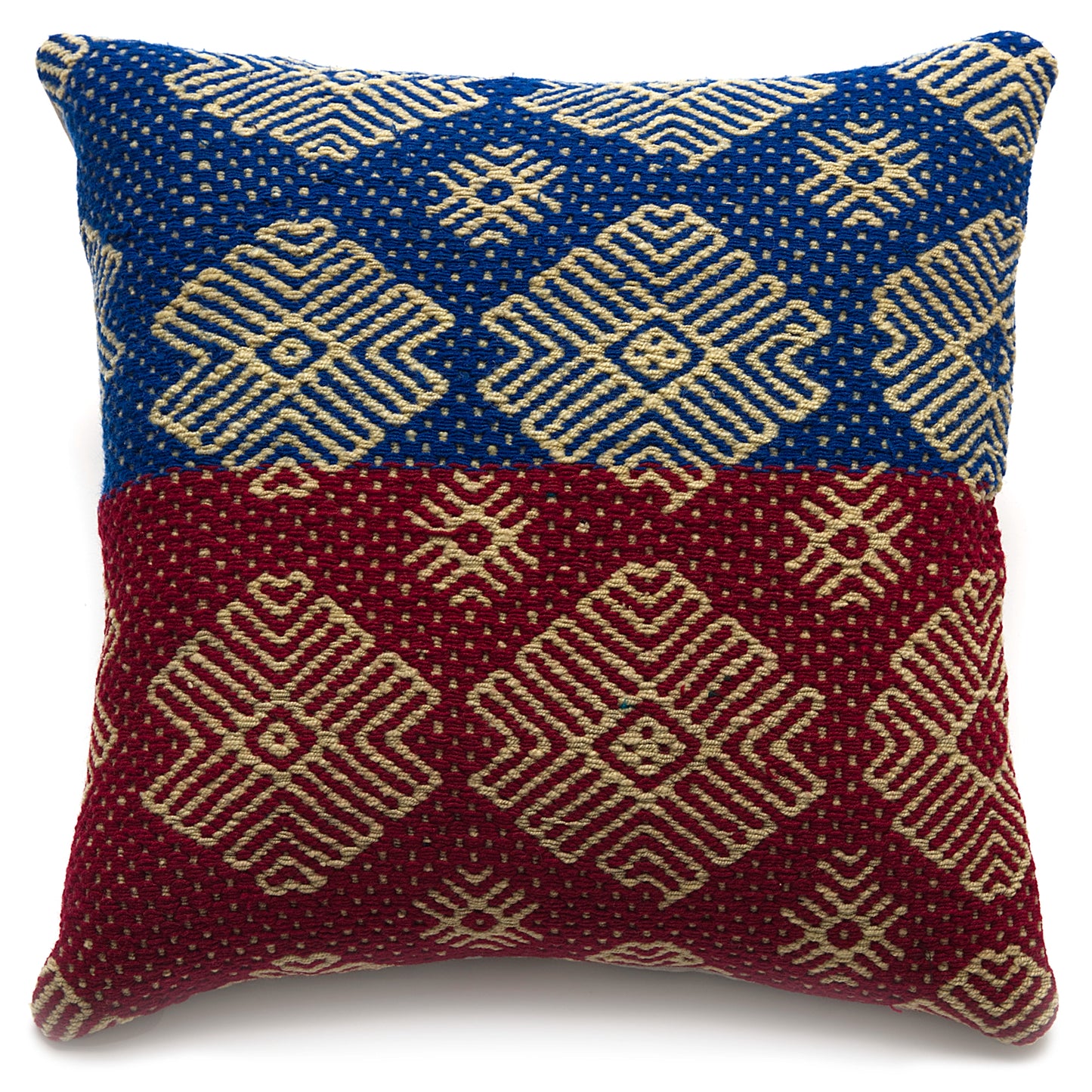 Intiearth Colorful decorative lumbar pillow made from handwoven Peruvian frazada, crafted with hand spun wool in a fair trade workshop
